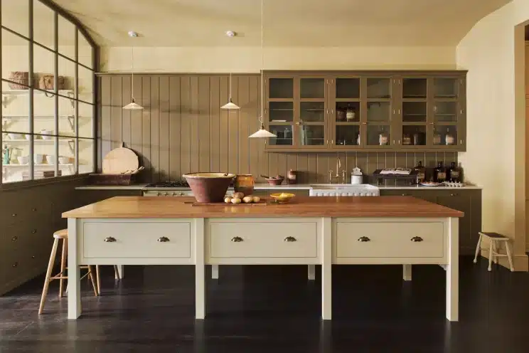 Kitchen with glass fronted cabinets