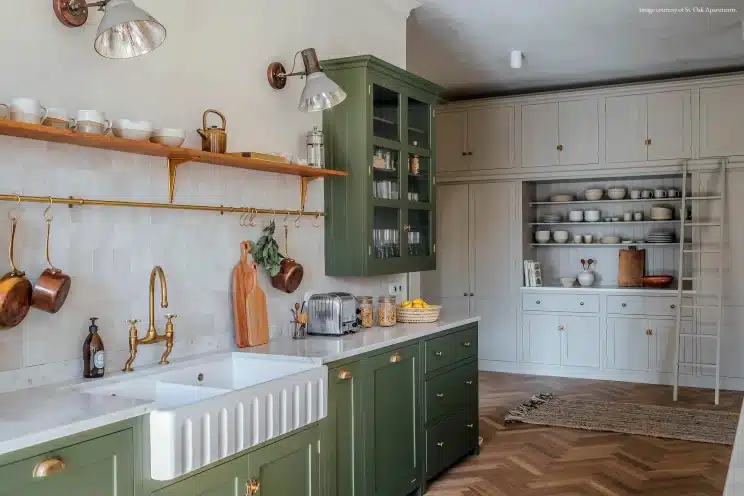Kitchen with open shelves and glass fronted cabinets